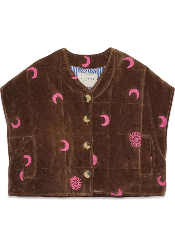 Olina Quilted Embroidery Vest - Chocolate & Rose Online now